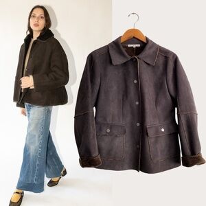 Cabi Chocolate Brown Faux Fur Suede Coat Jacket Square Patchwork Relaxed Fit M